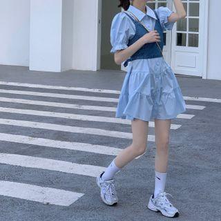 Puff-sleeve Mini A-line Shirtdress / Denim Camisole Top