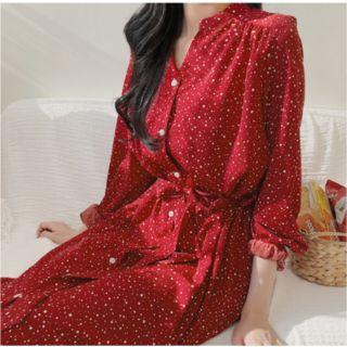 Long-sleeve Dotted Button Midi A-line Dress