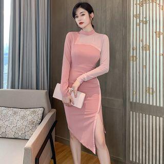 Irregular Hem Mesh Panel Long-sleeve Sheath Dress