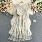 3/4-sleeve Floral Embroidered A-line Mesh Dress