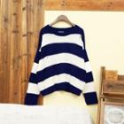 Distressed Color Block Sweater Navy Blue & White - One Size