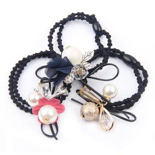 Set Of 3: Faux Pearl Flower Hair Tie Set Of 3 - Black - One Size