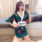 Flower Print Elbow-sleeve Mini Dress