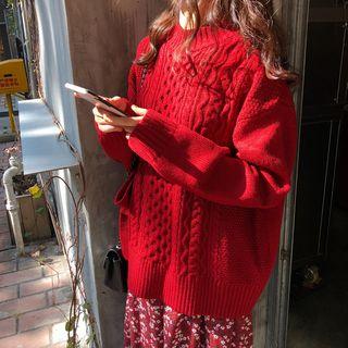 Mock-turtleneck Cable Knit Sweater / Floral Print A-line Midi Dress