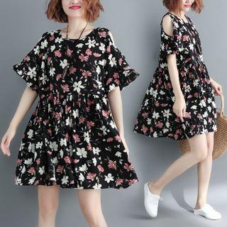 Short-sleeve Cold Shoulder Floral Print Mini A-line Dress Black - One Size