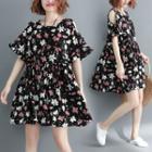 Short-sleeve Cold Shoulder Floral Print Mini A-line Dress Black - One Size