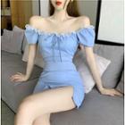 Short-sleeve Off-shoulder Lace Trim Mini Sheath Dress