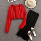 Set: Cropped Hoodie + Midi Knit Straight-fit Skirt Set - Red - One Size
