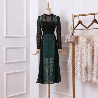 Color Panel Long-sleeve Lace A-line Midi Dress
