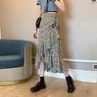 Tie-strap Floral Ruffle Trim Midi Skirt