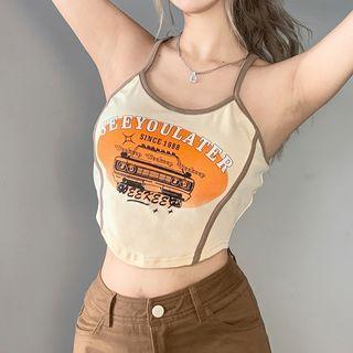 Lettering & Car Print Contrast Trim Cropped Camisole Top