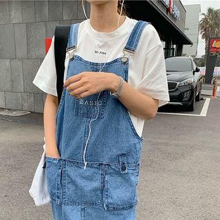 Lettering Embroidered Strap Denim Dress