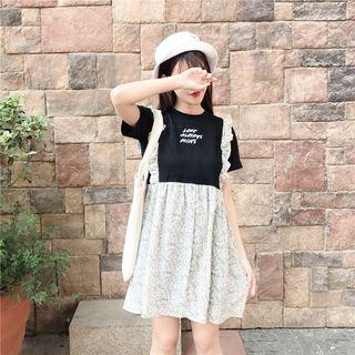 Short-sleeve Floral Panel Frilled Dress