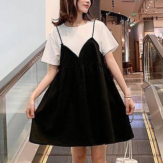 Mock Two-piece Short-sleeve T-shirt Dress Black - One Size
