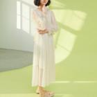 Long-sleeve Chiffon Midi Dress Off-white - One Size