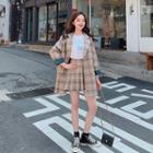 Plaid Double-breasted Blazer / Mini A-line Pleated Skirt