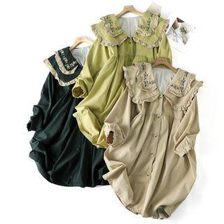 Flower Embroidered Ruffle Trim Midi A-line Coatdress