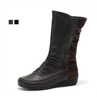 Genuine Leather Lace-up Back Mid-calf Boots