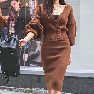 Set: Button Cardigan + Midi Knit Skirt Caramel - One Size