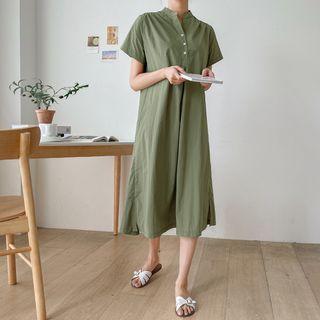 Open-placket Midi A-line Shirtdress