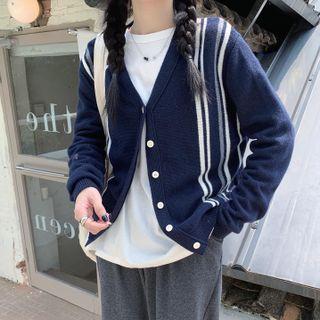 Color Block Striped Cardigan Dark Blue - One Size