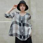 Shirred-trim Checked Linen Blouse