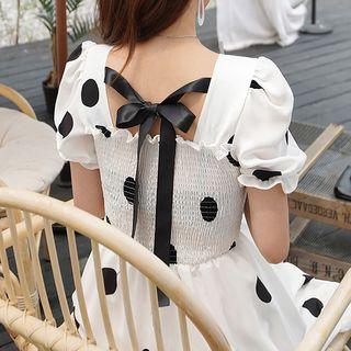 Tie-back Frilled Dotted Midi Empire Dress White - One Size