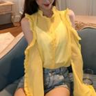 Frill Trim Cut Out Shoulder Blouse