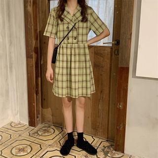 Short-sleeve Plaid Double-breasted A-line Dress Plaid - Green - One Size