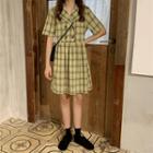Short-sleeve Plaid Double-breasted A-line Dress Plaid - Green - One Size