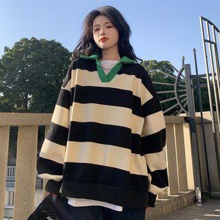 Collared Striped Sweatshirt Stripes - Black & Almond - One Size