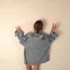 Letter Embroidered Denim Jacket Denim Blue - One Size