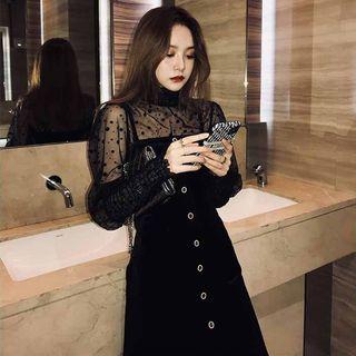 Set: Mock-turtleneck Mesh Blouse + A-line Midi Pinafore Dress