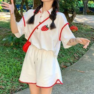 Elbow-sleeve Strawberry Embroidered Polo Shirt / Shorts