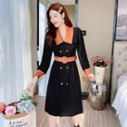 Long-sleeve Lapel Faux Leather Panel Double-breasted Corduroy Dress (various Designs)
