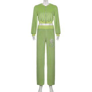 Hooded Cropped Zip Jacket / Dragon Print Wide-leg Pants / Set