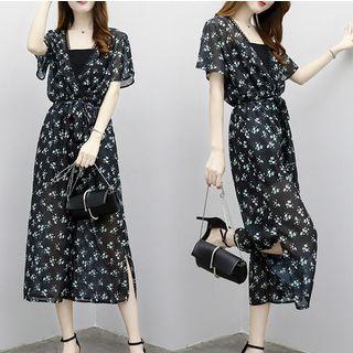 Set: Floral Print Short Sleeve Top + Wide Leg Pants