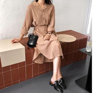 Open-placket Stripe Long Shirtdress With Sash