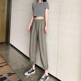 Striped Short-sleeve Cropped T-shirt / High-waist Pants