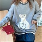 Bear Print Sweater / Midi A-line Denim Skirt