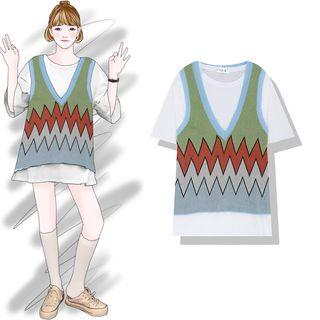 Contrast Panel Tank Top / Elbow-sleeve T-shirt