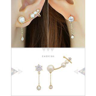 Faux-pearl Ear-cuff & Single Rhinestone Earring