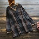 Long-sleeve Plaid Linen Top Coffee - One Size