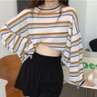 Long-sleeve Stripe Loose Fit Cropped T-shirt