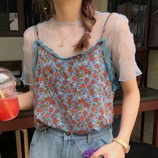 Set: Short-sleeve Mesh Top + Floral Camisole Top