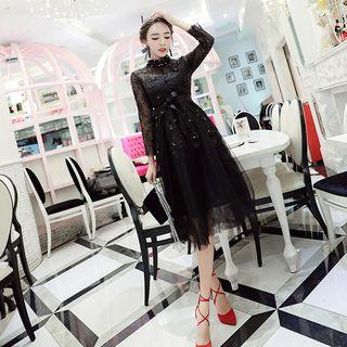 Waist-tied Applique Tulle-overlay Shirtdress