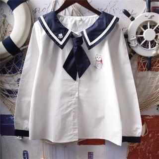Long-sleeve Cat Embroidered Sailor Collar Top