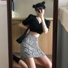 V-neck Crop Blouse / Zebra Print Mini Skirt