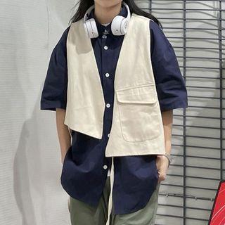 Mock Two-piece Elbow-sleeve Tie-waist Shirt