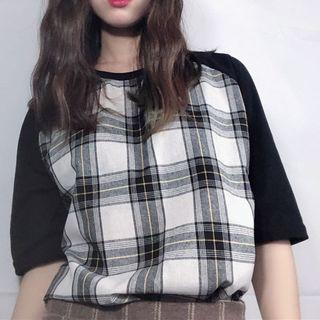 Elbow-sleeve Plaid Raglan T-shirt